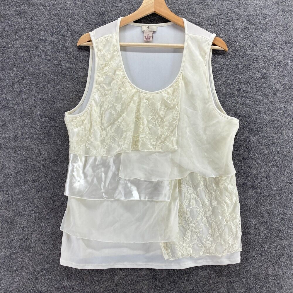 Yves Blouse Women XL Beige Sleeveless Wide Strap Ruffle Round Neck Pullover